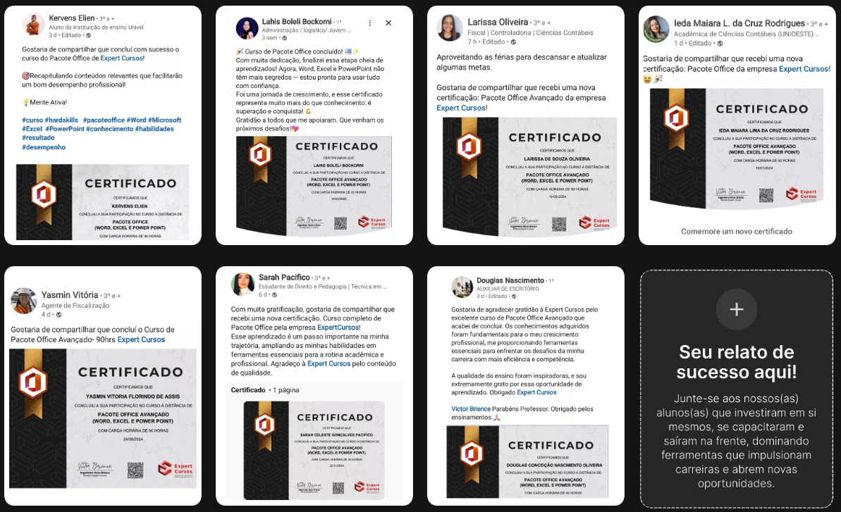 Depoimentos de alunos com certificados